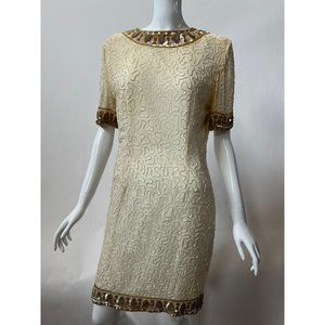 Lawrence Kagan Beaded Vintage Dress  Petite Medium Cream  Beaded Silk Blemished